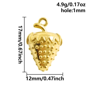 Detailed view of gold strawberry pendant with textured beads and 17x12mm measurements