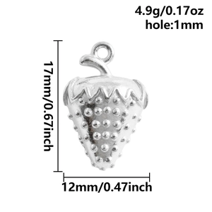 Macro detail of 304 stainless steel strawberry pendant charm with size and weight specs