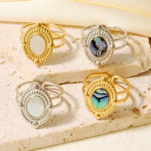 Retro stainless steel oval rings with natural shell and abalone inlays in gold and silver