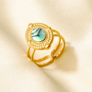 Detailed macro view of an oval abalone shell ring with 18k gold-plated double-layer band
