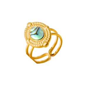 Retro 18k gold plated stainless steel ring featuring an oval abalone shell inlay design