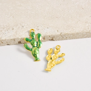 Colgante cactus 3D de acero inoxidable con esmalte verde y baño de oro para joyería DIY