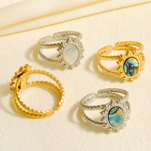Vintage 304 Roestvrij Staal Zon Open Ring Dames 18K Goud Verguld Natuurlijke Abalone Schelp Kunstparelmoer Verstelbare Ring
