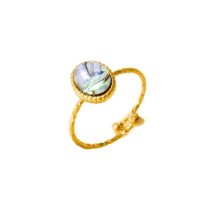 Anello vintage in oro 18k con conchiglia di abalone e fascia martellata in acciaio