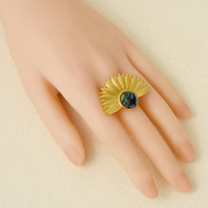 18k gold plated fan shaped stainless steel ring with abalone shell stone on finger