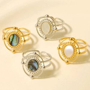 Retro 18k gold plated stainless steel open ring with natural shell and abalone inlay