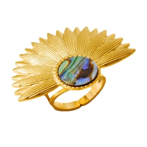 Bohemian 18k gold plated fan shaped 304 stainless steel ring with natural abalone shell inlay