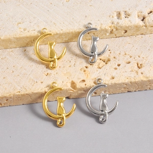 Ciondoli gatto su mezzaluna in acciaio inossidabile oro 18k e argento per gioielli DIY