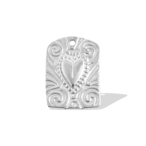 Detail showing an 18k gold plated heart pendant with intricate scrollwork engraving