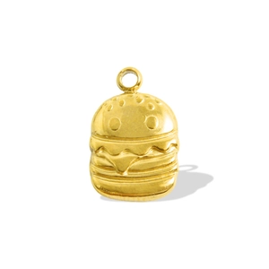Macro detail of a 18K gold-plated burger pendant featuring textured sesame and lettuce layers