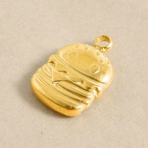 Detailed view of 18K gold plated hamburger charm with realistic layered metal textures