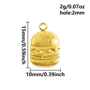 Detailed view of 18K gold-plated hamburger charm with dimensions and 2mm hanging loop