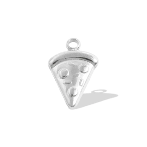 Macro detail of S925 sterling silver pizza slice pendant with realistic embossed toppings
