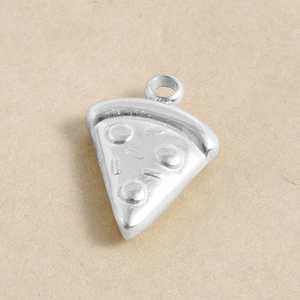 Detailed view of pizza shaped pendant in polished silver finish with textured toppings