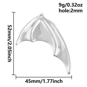 Polished stainless steel bat wing pendant detail with dimensions and weight specs