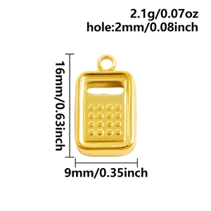Detailed view of a 16x9mm gold calculator pendant with technical dimensions and weight