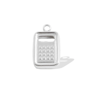 Detailed view of silver stainless steel grater shaped pendant with textured metal finish