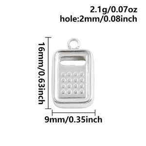 Macro detail of 16x9mm stainless steel calculator pendant with 2mm hole and 2.1g weight