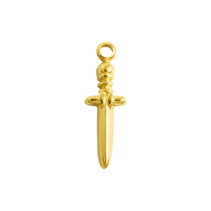 Pendentif épée en acier inoxydable doré poli avec détails de poignée vintage sur fond blanc