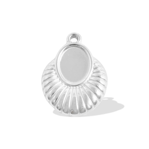 Macro view of silver fan-shaped charm base with oval tray for DIY jewelry making
