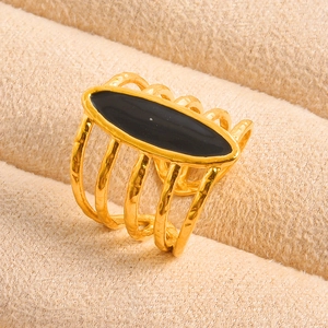 18K gold plated multi-layer stainless steel ring with black enamel and hammered texture