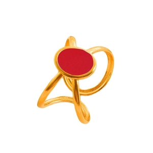 Minimalist gold geometric ring with red oval enamel center and abstract open band design