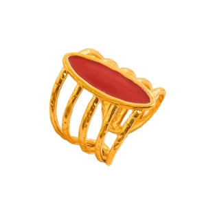 18K gold plated stainless steel multi-band ring with a vintage red oval stone inlay