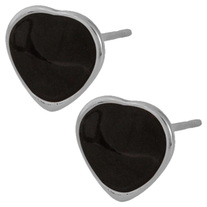 Elegant stainless steel heart stud earrings with black enamel and silver polished finish