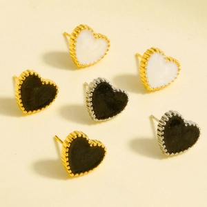 Orecchini a Bottone a Cuore Vintage Francese Acciaio Inossidabile 304 Placcato Oro 18K Bordo Perlinato Gioielli Donna