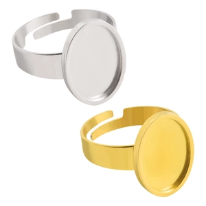 Adjustable 18k gold and silver oval bezel setting stainless steel ring base for DIY jewelry