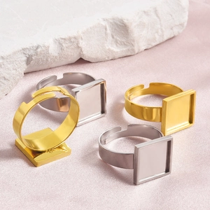 Detailed view of square blank ring bases in gold and silver finish for DIY jewelry