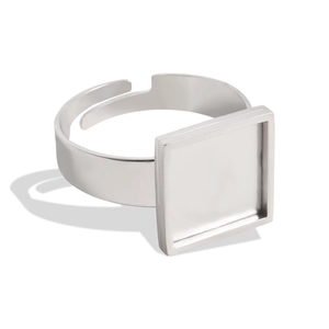 Macro detail of adjustable stainless steel square ring base for DIY jewelry making