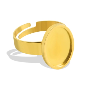 Macro view of adjustable 18k gold plated stainless steel oval bezel ring base for DIY
