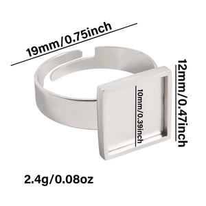 Detailed size specifications for square stainless steel ring base with dimensions and weight