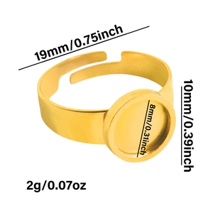 Detail of 18k gold plated adjustable ring base with 8mm round bezel tray for DIY jewelry