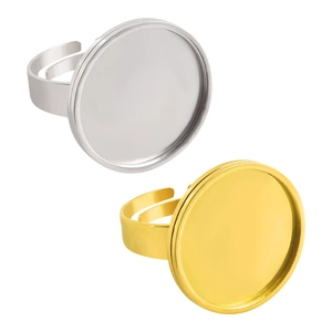 Adjustable 18k gold and silver stainless steel ring base with round flat tray for DIY jewelry