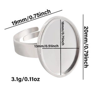 Detail showing 18x13mm oval cabochon setting on an adjustable stainless steel ring