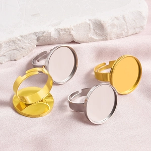 Adjustable 18k gold and silver stainless steel ring bases with round bezel settings