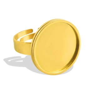 Detail of adjustable 18k gold plated ring base with round flat tray for DIY jewelry