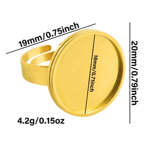 Detailed dimensions of 18k gold plated adjustable ring base with 18mm inner tray