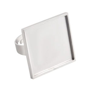 Detail view of square tray setting on an adjustable stainless steel ring base