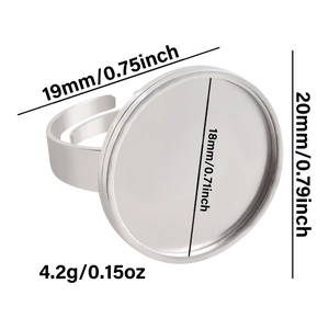Macro detail of 18mm round stainless steel ring base with adjustable open band and size specs