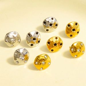 Retro Hammered Irregular Round Star Stud Earrings 304 Stainless Steel Inlaid Rhinestone For Women Minimalist Jewelry