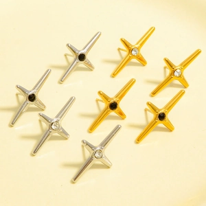 Boucles d'oreilles croix minimalistes en acier inoxydable avec strass dorés et argentés