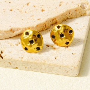 Retro hammered gold round earrings with black zircon star pattern for women