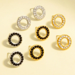 Minimalist Stainless Steel Round Hollow Stud Earrings Pave Rhinestone Geometric Earrings For Women Gold Silver Jewelry
