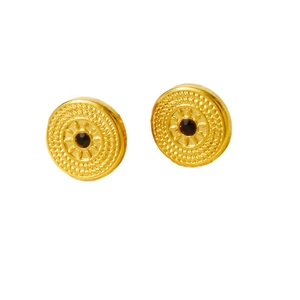 Vintage round gold-plated stud earrings with sunburst texture and black stone center