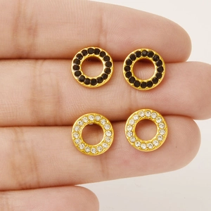 Minimalist gold stainless steel round stud earrings with black and white rhinestones