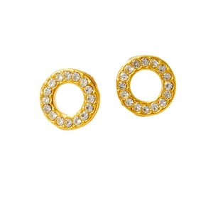 Minimalist circular gold-plated stud earrings with pavé set crystals and hollow center