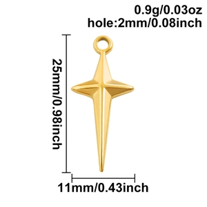 Macro detail of 18k gold plated star cross pendant with measurement specifications